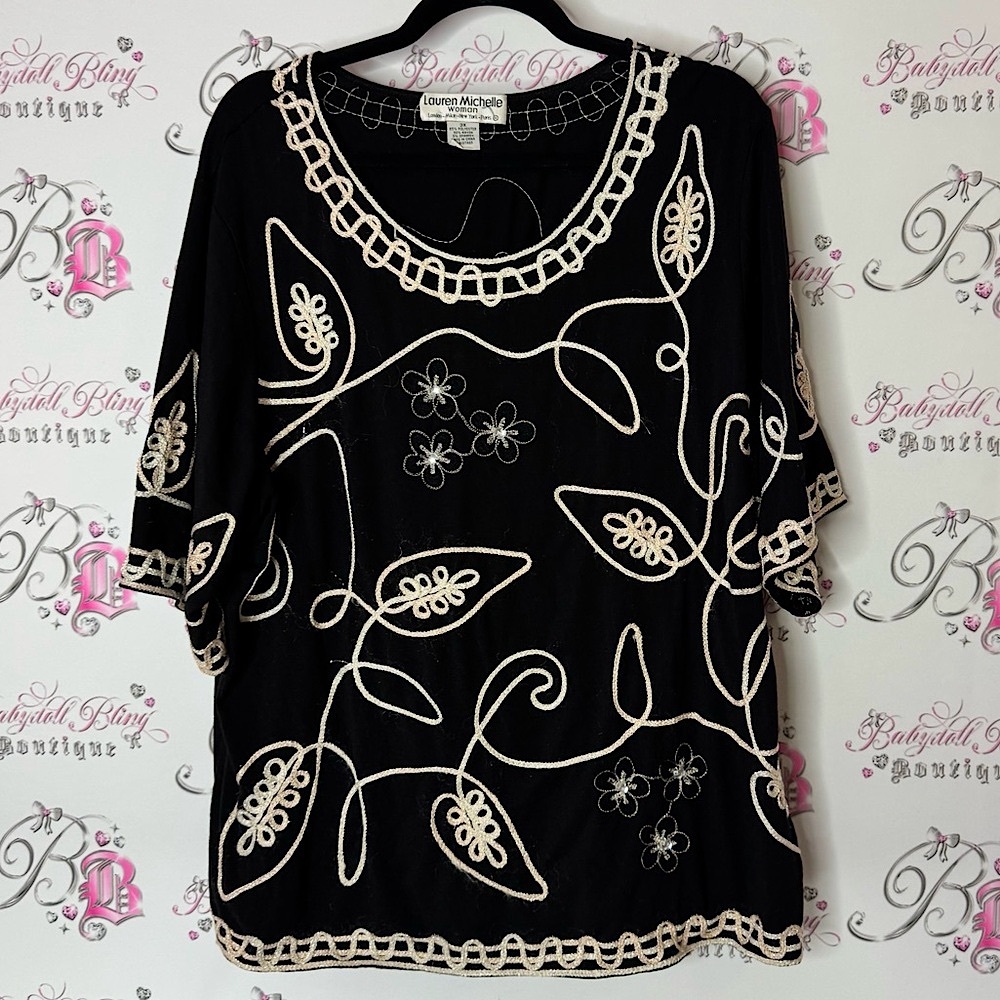 Lauren Michelle top shirt black White Embroidered Women's Top floral